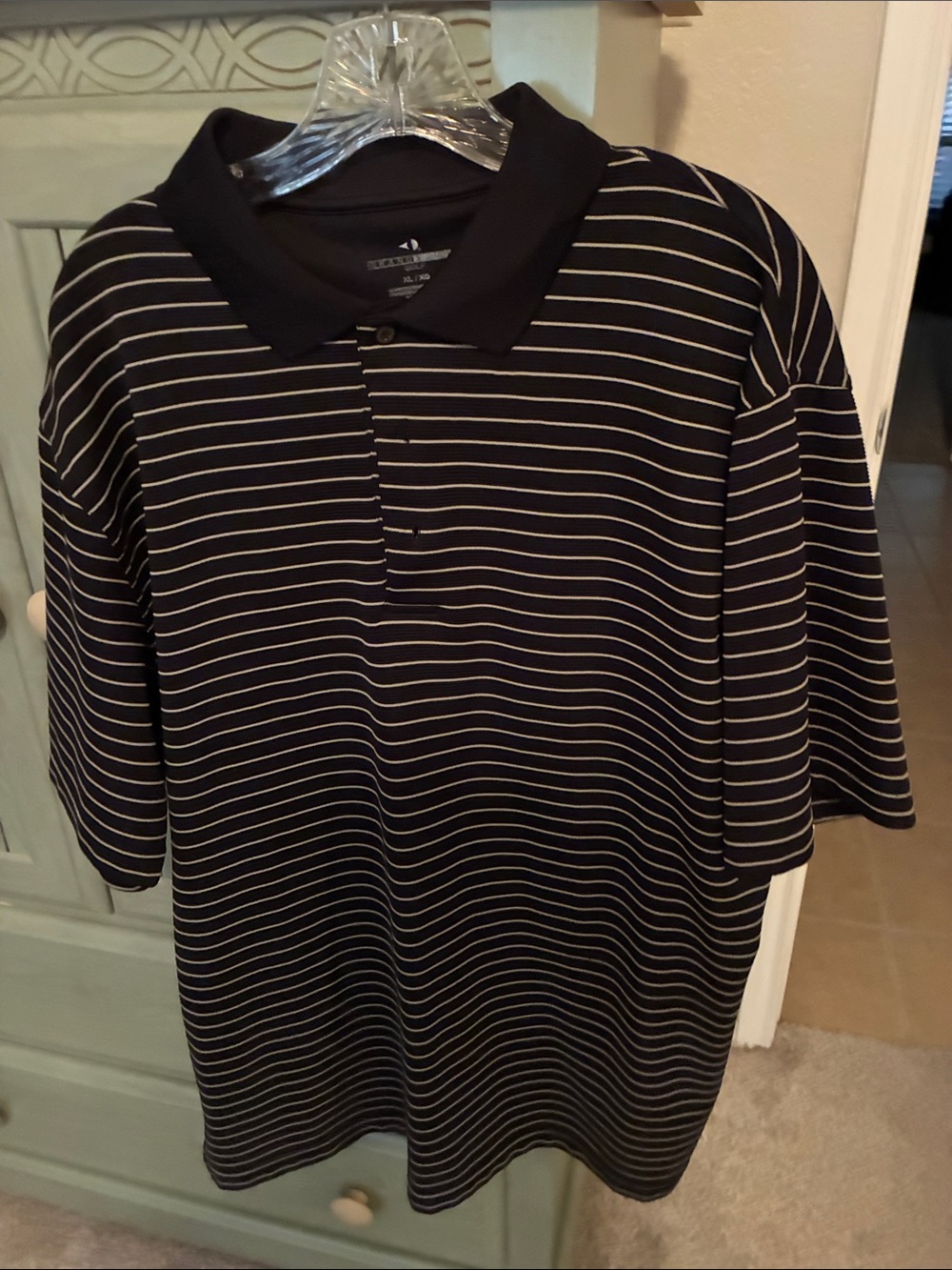 Travis Mathew Black Polo with Thin White Stripes